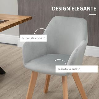 Set di 2 sedie da pranzo, sedie imbottite con gambe in legno, per cucina con braccioli in tessuto velluto, schienale rigido, comode, 54X57X80Cm, grigio