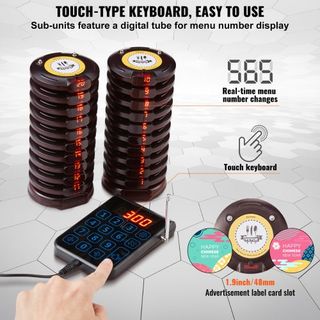 Sistema de Pagers para Restaurantes, Señal de Espera de Fila Inalámbrica de 500m, Beepers para Llamar Clientes con Vibración y Parpadeo, 20 Zumbadores para Camiones de Comida, Iglesias, Guarderías...