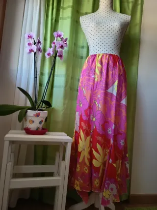 Falda acampanada asimétrica vintage multicolor XL