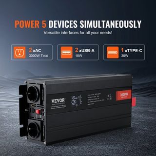 Inversor de Onda Pura, 3000 Vatios, Inversor de Potencia de DC 12V a AC 230V con 2 Salidas AC, 2 Puertos USB, 1 Puerto Tipo-C, Pantalla LCD y Control Remoto para Grandes Electrodomésticos, Certifi...