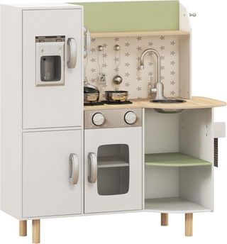 Cocina Juguete para Niños de 3-6 Años con Máquina de Hielo y Sartenes, Cocina para Niños con Estantes y Armarios para Utensilios y Vajilla, 84X34X89 Cm, Blanco y Verde