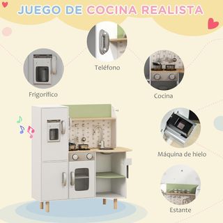 Cocina Juguete para Niños de 3-6 Años con Máquina de Hielo y Sartenes, Cocina para Niños con Estantes y Armarios para Utensilios y Vajilla, 84X34X89 Cm, Blanco y Verde