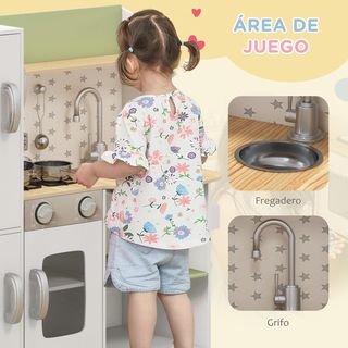 Cocina Juguete para Niños de 3-6 Años con Máquina de Hielo y Sartenes, Cocina para Niños con Estantes y Armarios para Utensilios y Vajilla, 84X34X89 Cm, Blanco y Verde