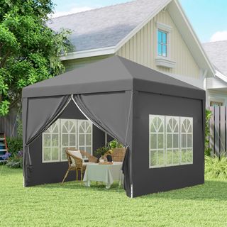 Toldo Plegable 3X3 Pop up Con 2 Puertas Y 2 Ventanas, 4 Paneles Laterales Y Bolsa De Transporte, Toldo De Exterior De Acero Y Tela Oxford, Para Jardín, Fiestas, Camping, Gris