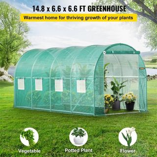 Invernadero de túnel portátil, 4.5 x 2 x 2 m / 15 x 7 x 7 ft Casa caliente para plantas con arcos de acero galvanizado, 1 viga superior, 2 postes diagonales, 2 puertas con cremallera y 8 ventanas ...