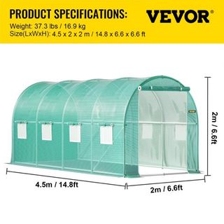 Invernadero de túnel portátil, 4.5 x 2 x 2 m / 15 x 7 x 7 ft Casa caliente para plantas con arcos de acero galvanizado, 1 viga superior, 2 postes diagonales, 2 puertas con cremallera y 8 ventanas ...