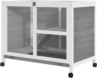 Conejera de Madera de 2 Niveles con Casa para Conejos y Cobayas, Jaula para Conejos con Rampa y Bandeja Extraíble, 91.5X53.3X73Cm, Gris