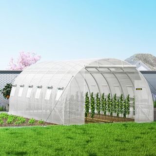 Invernadero de túnel portátil, 609.6 x 304.8 x 213.4 cm Casa caliente para plantas con arcos de acero galvanizado, 3 vigas superiores, 4 postes diagonales, 2 puertas con cremallera y 12 ventanas e...