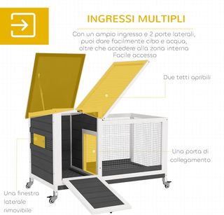 Conejera Exterior e Interior con Ruedas para 1-2 Conejos con Bandeja Extraíble y Múltiples Entradas, Casa para Conejos de Madera de Abeto y Acero, 91X51X66 Cm, Gris Blanco y Negro