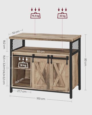 Credenza, Mueble de Cocina, Armario Organizador, Con 2 Puertas Correderas, 33 X 100 X 80 Cm, Estantes Regulables, Estilo Country, para Salón, Marrón Camello y Negro Tinta LSC092B50