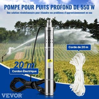 Bomba Sumergible de Pozo Profundo, 550W 230V/50Hz, 35L/min 108 m de Altura Resistente a la Arena <5%, 20 m de Cable Eléctrico, Bombas de Agua de Acero Inoxidable de 7.6 cm para Uso Industrial, de ...