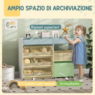 Móvil Porta Juegos para Niños, Estante Porta Juguetes con 11 Cestas de Tela, Armario y Estantes, 3 Adhesivos Incluidos, para Habitación y Sala de Estar, Blanco