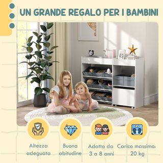 Móvil Porta Juegos para Niños, Estante Porta Juguetes con 11 Cestas de Tela, Armario y Estantes, 3 Adhesivos Incluidos, para Habitación y Sala de Estar, Blanco