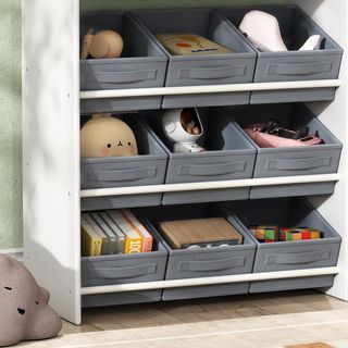 Móvil Porta Juegos para Niños, Estante Porta Juguetes con 11 Cestas de Tela, Armario y Estantes, 3 Adhesivos Incluidos, para Habitación y Sala de Estar, Blanco