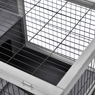 Jaula para Conejos y Cobayas con 4 Ruedas, Casita, Rampa y Bandeja Extraíble, Madera Natural, Gris, 90X53X59 Cm