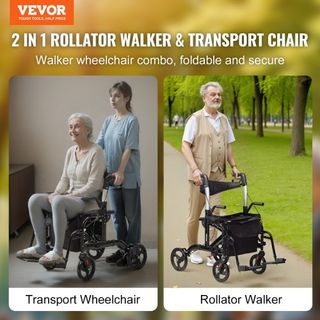 Andador y Silla de Transporte 2 en 1 para Personas Mayores, Combo de Andador Plegable y Silla de Ruedas con Reposapiés, Andador de Movilidad de Aluminio Ligero con Mango Ajustable, Ruedas para Tod...