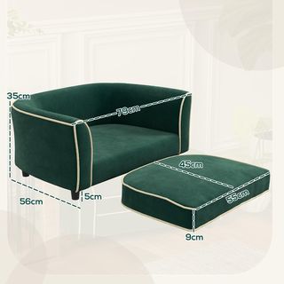 Sofá para Perros de Tamaño Pequeño y Mediano Elegante con Cojín, Sofá para Perros en Tejido Efecto Terciopelo y Madera, 79X56X35 Cm, Verde Oscuro