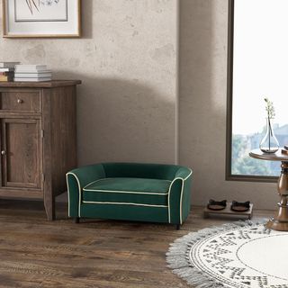 Sofá para Perros de Tamaño Pequeño y Mediano Elegante con Cojín, Sofá para Perros en Tejido Efecto Terciopelo y Madera, 79X56X35 Cm, Verde Oscuro