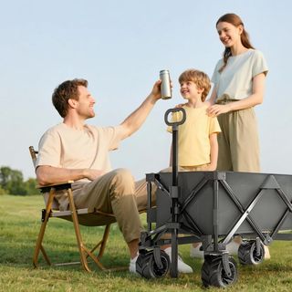 Carro De Jardín De Carga Máx 70Kg Con 4 Ruedas, Carro De Playa Plegable De Acero Y Tela Oxford Con Asa Telescópica Regulable, Para Jardín Camping, 108X55 Cm, Gris