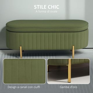 Banco Contenedor de Entrada Ovalado 72L Diseño Estriado con Tapa Elevable, Asiento Acolchado, Banco de Pie de Cama Puff Cofre en Terciopelo y Estructura de Madera de Pino, 108X44X43.5Cm, Verde