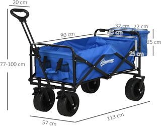 Carro de Playa Plegable 110L Con Manija Telescópica Y Bolsa Térmica De 15L, Carro De Jardín De Acero Y Tela Oxford, Azul