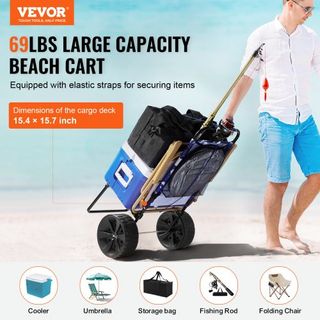 Carro de Playa con Grandes Ruedas para Arena, Plataforma de Carga de 15.4" x 15.7", con Ruedas Sólidas de PE de 10", Capacidad de Carga de 69LBS, Carro Plegable para Arena, Carro Pesado para Picni...