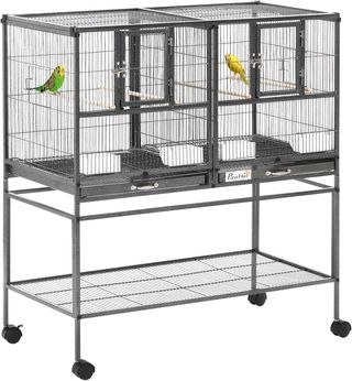 Doble Jaula para Aves de Metal de Alta Calidad con Bandejas Extraíbles, Soporte Estable con 4 Ruedas y Estante, 95X45.5X102Cm, Negro Gris