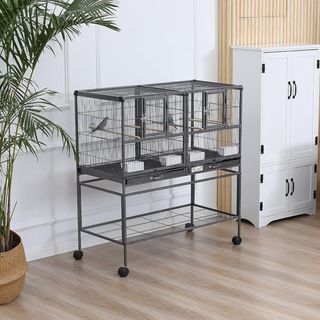 Doble Jaula para Aves de Metal de Alta Calidad con Bandejas Extraíbles, Soporte Estable con 4 Ruedas y Estante, 95X45.5X102Cm, Negro Gris