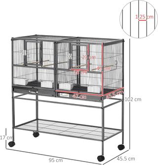 Doble Jaula para Aves de Metal de Alta Calidad con Bandejas Extraíbles, Soporte Estable con 4 Ruedas y Estante, 95X45.5X102Cm, Negro Gris