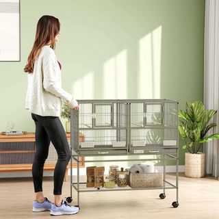 Doble Jaula para Aves de Metal de Alta Calidad con Bandejas Extraíbles, Soporte Estable con 4 Ruedas y Estante, 95X45.5X102Cm, Negro Gris
