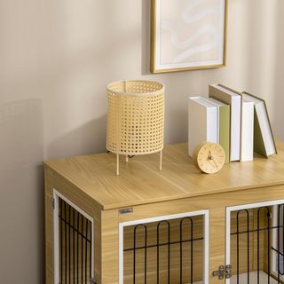 Jaula para Perros Tamaño Mediano y Grande Máx. 25 Kg Para Interior, Casa para Perros Con 2 Puertas Bloqueables, Patas Regulables y Cojín Lavable, 90X58X65 Cm, Roble