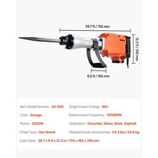 Martillo Demoledor Eléctrico 2200W con 4 Puntas de Cincel