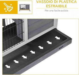 Jaula para Conejos y Cobayas con 4 Ruedas, Casa, Rampa y Bandeja Extraíble, Madera Natural, Gris y Blanco, 90X53X59 Cm
