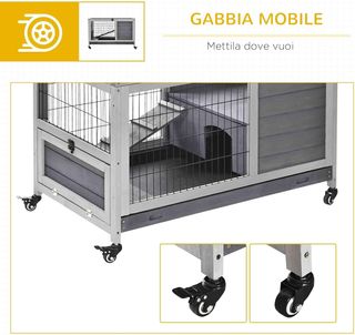 Jaula para Conejos y Cobayas con 4 Ruedas, Casa, Rampa y Bandeja Extraíble, Madera Natural, Gris y Blanco, 90X53X59 Cm