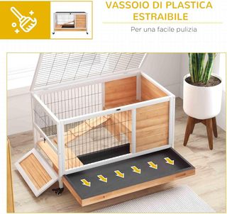 Jaula para Conejos y Cobayas con 4 Ruedas, Casa, Rampa y Bandeja Extraíble, Madera Natural, Amarillo, 90X53X59 Cm