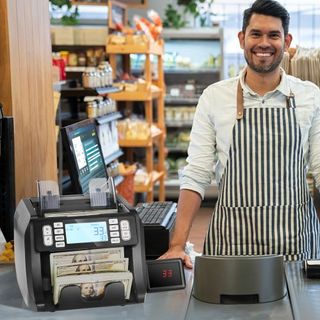 Máquina Contadora de Dinero, Contador de Billetes con Detección de Falsificaciones UV, MG, IR y DD, Máquina de Conteo de Efectivo USD y EUR con Modos de Suma y Lote, Gran Pantalla LCD y Pantalla E...