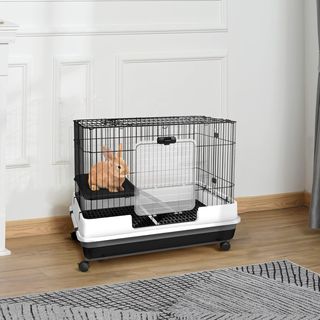 Jaula para Conejos y Cobayas de Metal Negro con 2 Puertas y Bandeja Extraíble 81.2X52.7X70Cm