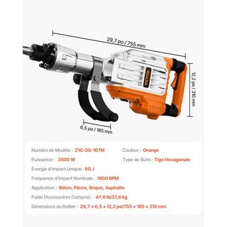 Martillo Demoledor, Martillo Eléctrico de 3500W para Romper Concreto, 1900 BPM Martillo Eléctrico de Alta Resistencia, 2 piezas de Cincel con Guantes y Mango Frontal Giratorio de 360°C para Zanjeo...