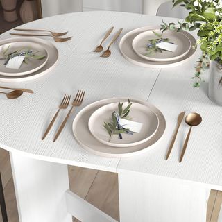 Mesa de Comedor Plegable, 163X80 Cm Escritorio Plegable Ahorra Espacio Con 2 Alas Ovaladas para 6 Personas, Mesa de Cocina con Alas, Ideal para Sala de Estar, Casa, Oficina, Blanca