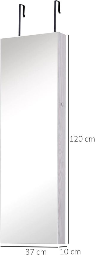 Espejo Joyero Con 6 Luces LED Y Espacios Para Almacenamiento Dedicados, Armario Joyero Con Espejo De Madera Y Vidrio, 37X10X120 Cm, Color Madera Blanca