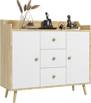 Credenza de Salón en Madera Con 3 Cajones Y 2 Armarios a 2 Niveles, Mueble de Salón Moderno Y Multiusos para Cocina, Comedor Y Sala de Estar, 90X32X80 Cm, Blanco Y Color Madera