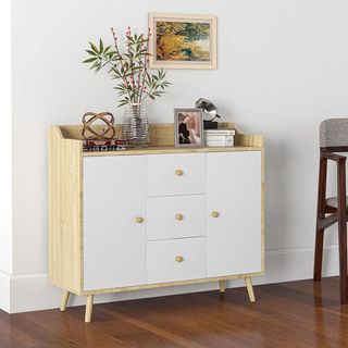 Credenza de Salón en Madera Con 3 Cajones Y 2 Armarios a 2 Niveles, Mueble de Salón Moderno Y Multiusos para Cocina, Comedor Y Sala de Estar, 90X32X80 Cm, Blanco Y Color Madera
