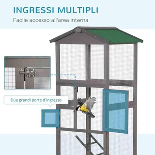 Jaula para Aves de Madera de Abeto y Rejilla Metálica, Voladera para Aves de Exterior con 2 Puertas, Techo de Asfalto y Bandeja Extraíble, 68X63X165 Cm, Gris Claro
