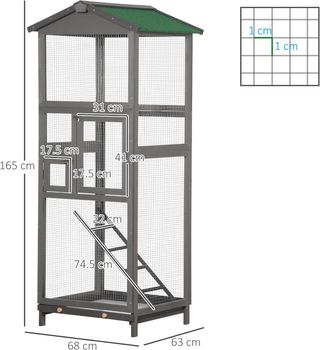 Jaula para Aves de Madera de Abeto y Rejilla Metálica, Voladera para Aves de Exterior con 2 Puertas, Techo de Asfalto y Bandeja Extraíble, 68X63X165 Cm, Gris Claro