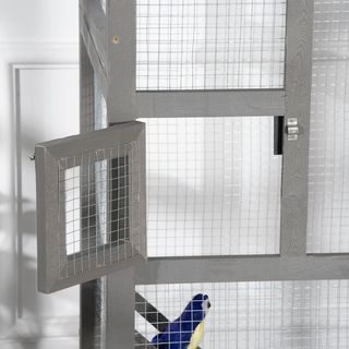 Jaula para Aves de Madera de Abeto y Rejilla Metálica, Voladera para Aves de Exterior con 2 Puertas, Techo de Asfalto y Bandeja Extraíble, 68X63X165 Cm, Gris Claro