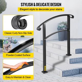 Pasamanos Transicional de 3 Pasos Se Adapta a 1 o 3 Pasos Pasamanos de Escalera Mate Pasamanos de Hierro Forjado con Kit de Instalación Pasamanos para Escaleras Exteriores (No Ajustable) (Negro)