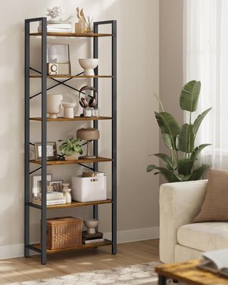 Estantería Alta de 6 Estantes, Estante de Almacenamiento, Estructura de Acero, Salón Dormitorio Oficina, 30 X 66 X 186 Cm, Industrial, Marrón Vintage y Negro Tinta LLS062B01
