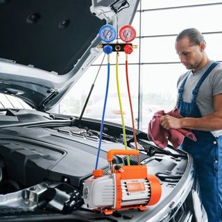 Juego de bomba de vacío AC de 1/5 HP 3.5 CFM y manómetro, bomba de vacío rotativa de un solo estado HVAC, kit de refrigerante A/C con bolsa de transporte de manguera de tres colores, aplicable a R...