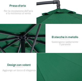 Sombrilla de Jardín 3X2.5 M con Brazo, Inclinable con Base Cruzada y Manivela, de Acero y Poliéster, Verde y Gris