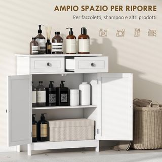 Mobile bagno a 2 ante con ripiano regolabile e 2 cassetti, armadio bagno salvaspazio in legno, 60X30X75 cm, bianco